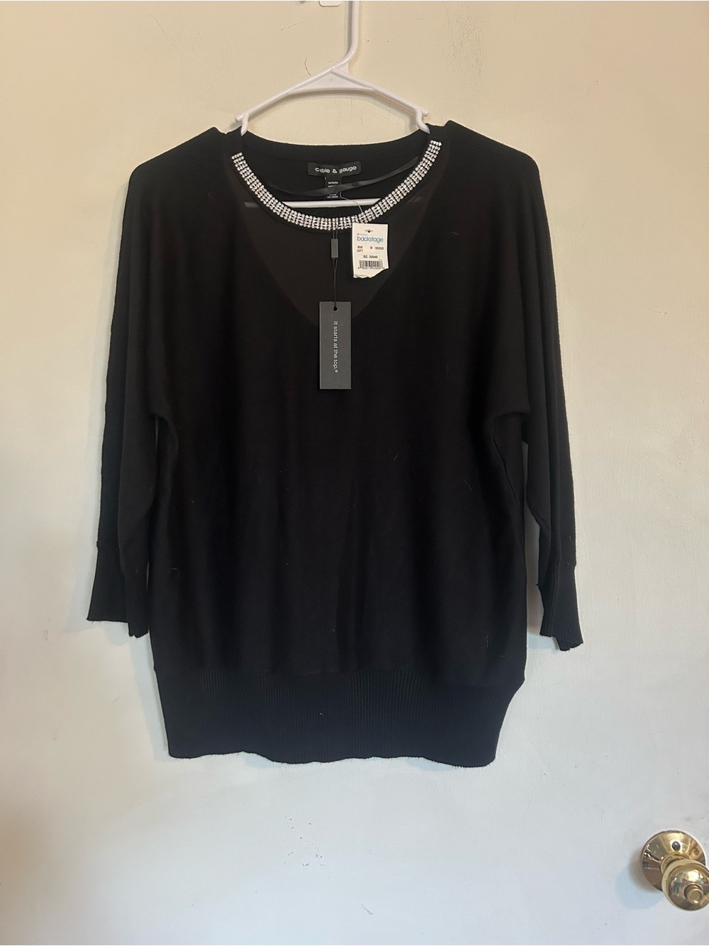 Cable & Gauge Size Medium Black Sweater 3/4 Sleeve Embellished Neck Sweater